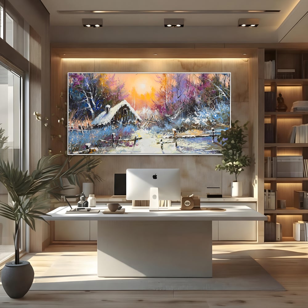 Tablou canvas cu tablou canvas cu peisaj de iarna, in rama de aluminiu argintiu, pe perete intr-un birou